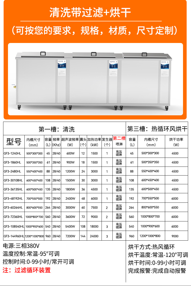 冠博仕GF48192HL三槽式過濾漂洗帶烘干超聲波清洗機 | 192L/2400W | 適用于模具油污、脫模劑及復雜型腔的深度清洗
